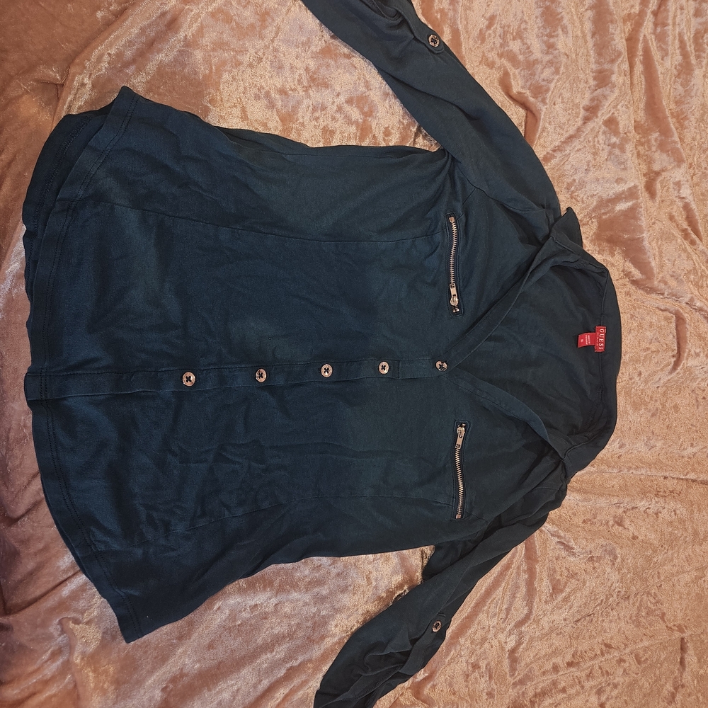 Guess Black Button-Up Blouse with Zipper Accents